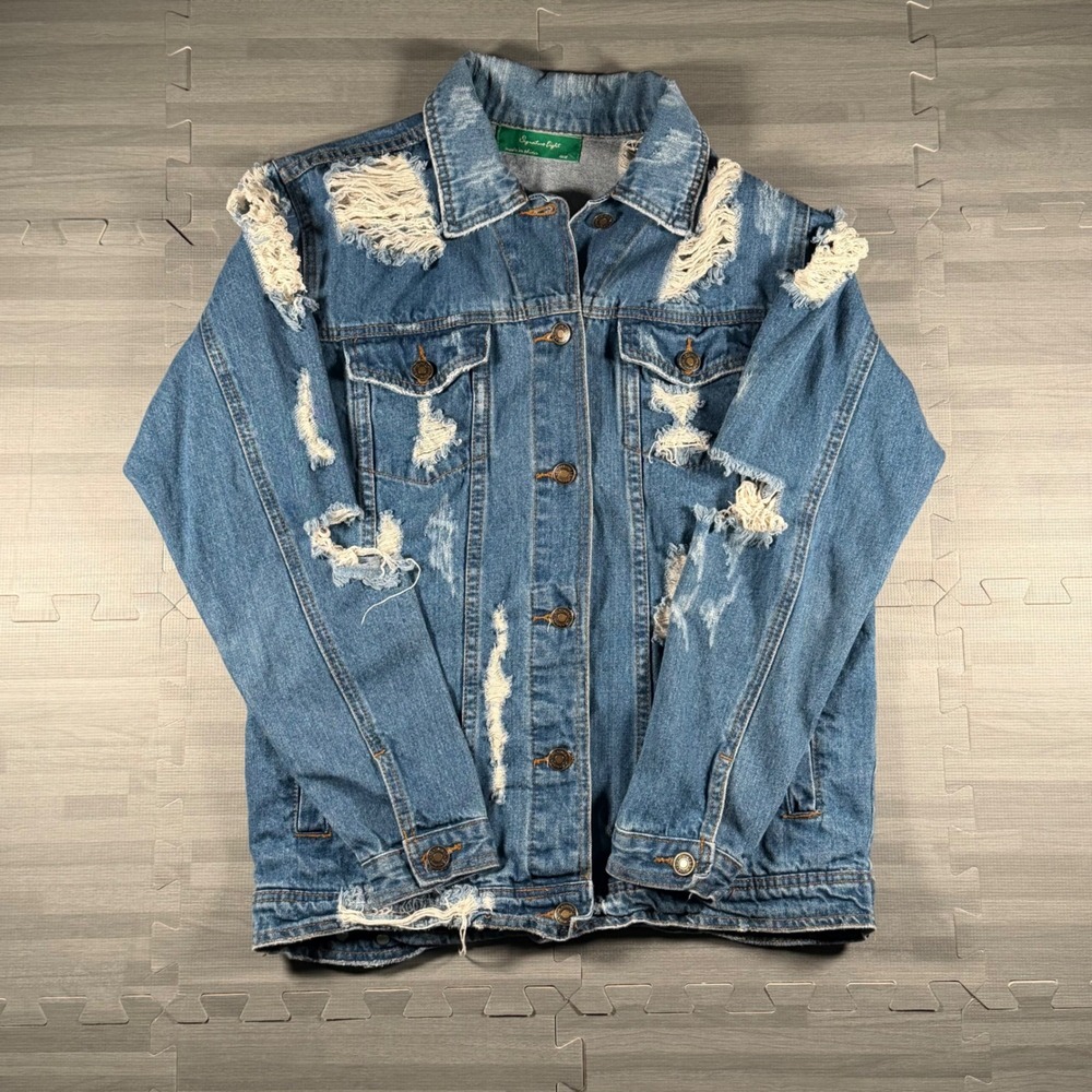 100% Cotton Distressed Denim Jacket Medium Wash Blue Shredded M/L
